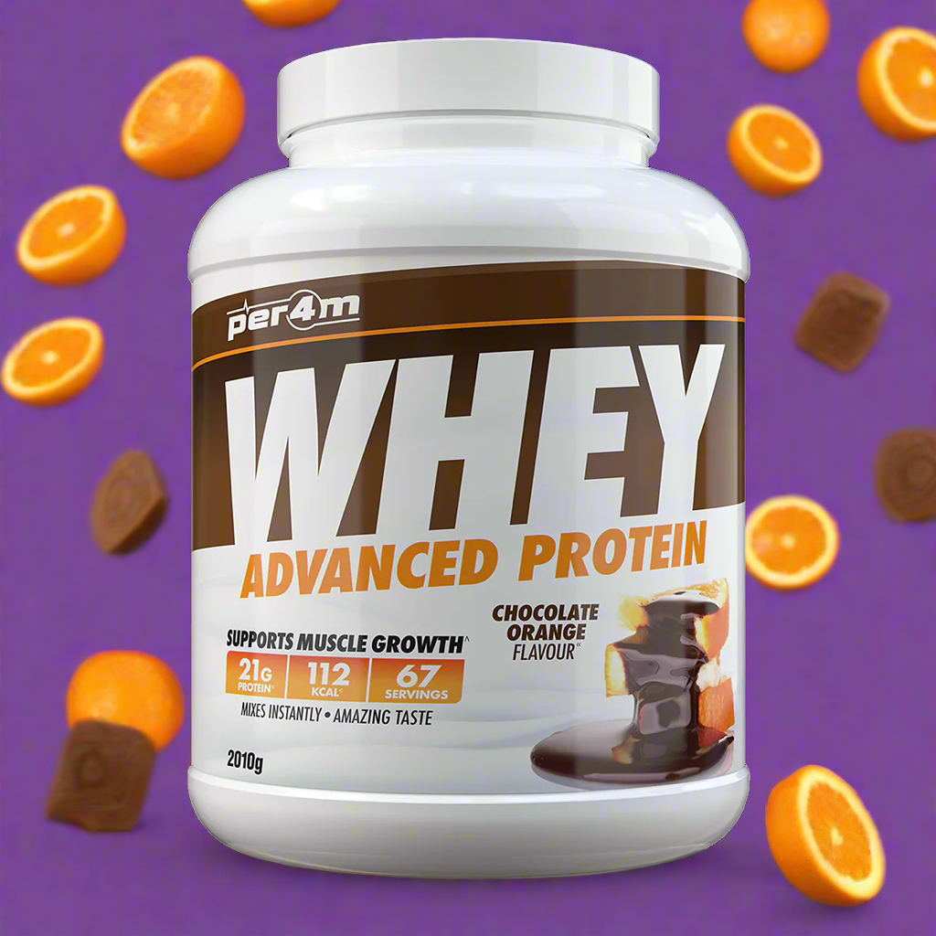 A white container of Per4m Advanced Whey Protein powder in chocolate orange flavour, 2.01kg size.