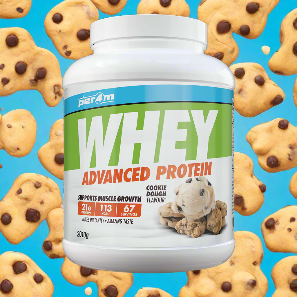 A white container of Per4m Advanced Whey Protein powder in cookie dough flavour, 2.01kg size.