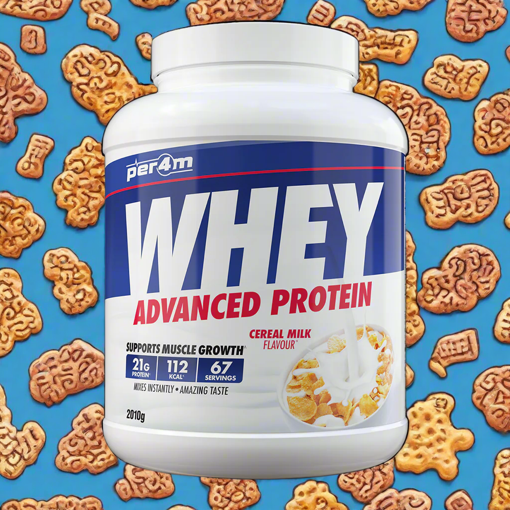 A white container of Per4m Advanced Whey Protein powder in cereal milk flavour, 2.01kg size.