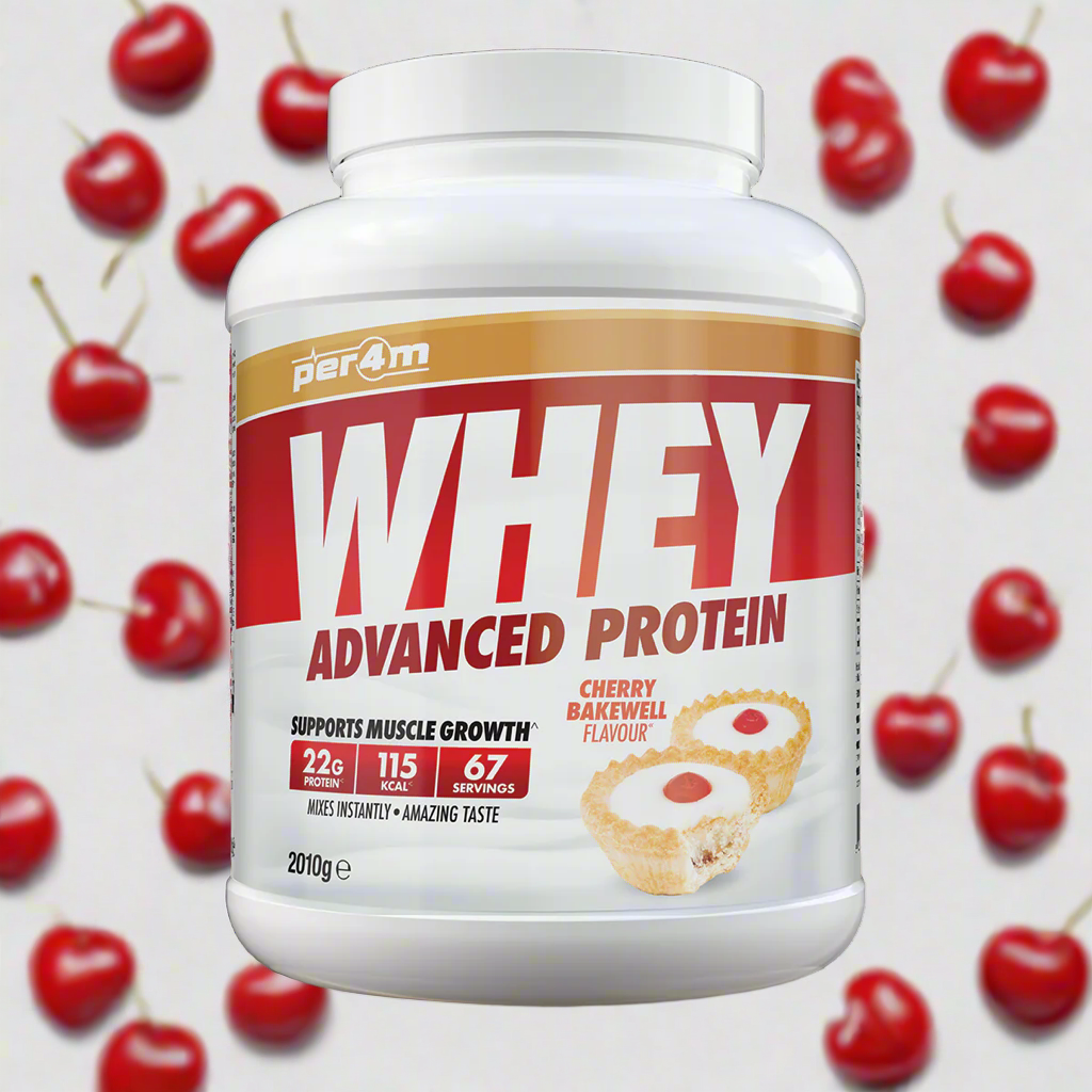 A white container of Per4m Advanced Whey Protein powder in cherry bakewell flavour, 2.01kg size.