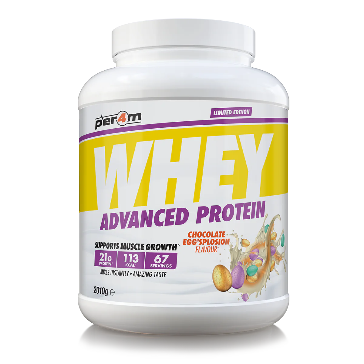 A white container of Per4m Advanced Whey Protein powder in chocolate egg'splosion flavour, 2.01kg size.