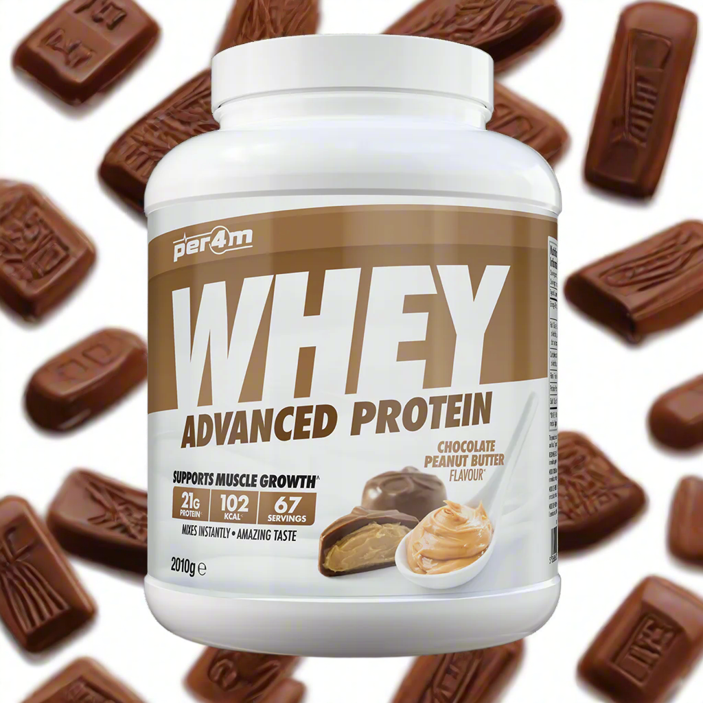 A white container of Per4m Advanced Whey Protein powder in chocolate peanut butter flavour, 2.01kg size.