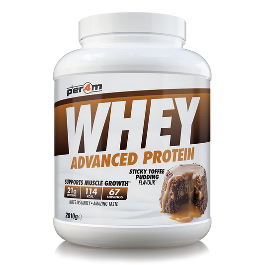 A white container of Per4m Advanced Whey Protein powder in sticky toffee pudding flavour, 2.01kg size.