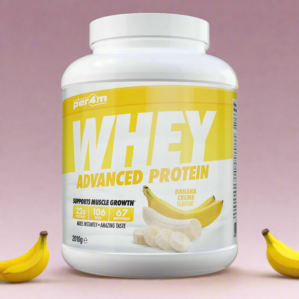 A white container of Per4m Advanced Whey Protein powder in banana creme flavour, 2.01kg size.