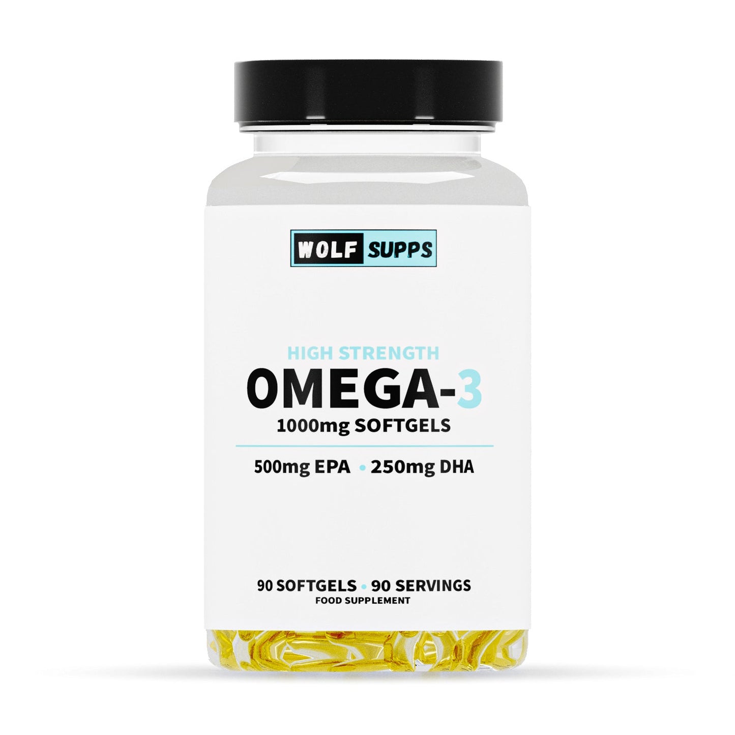 Omega-3 supplement bottle with 'Wolf Supps' branding on a white background