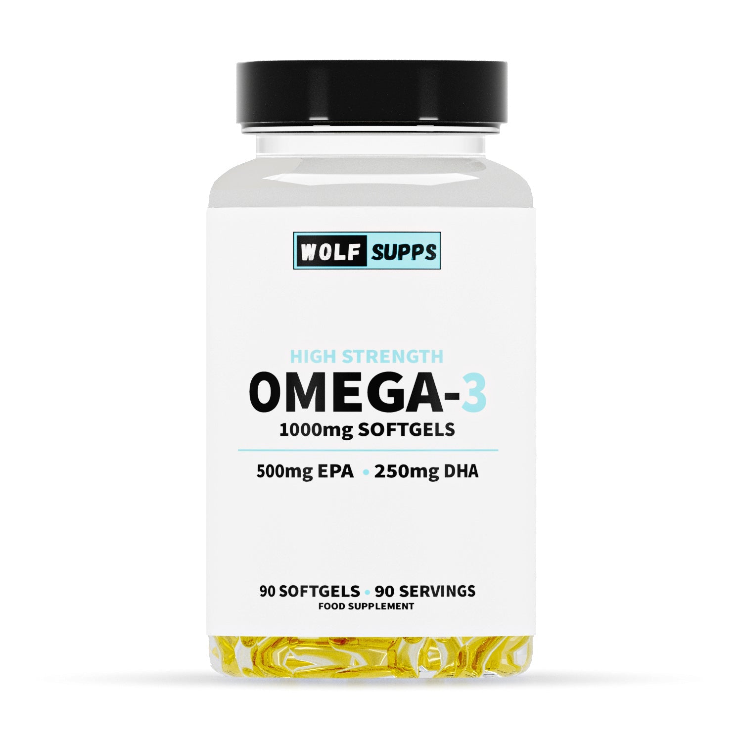 Omega-3 supplement bottle with 'Wolf Supps' branding on a white background