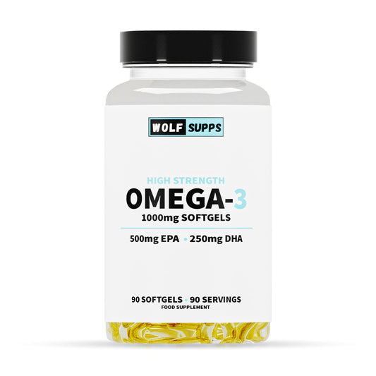 Omega-3 supplement bottle with 'Wolf Supps' branding on a white background