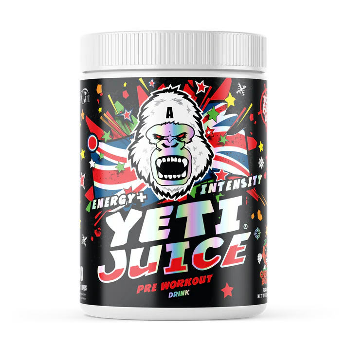 Yeti Juice pre-workout supplement container with colorful design and gorilla logo on a white background