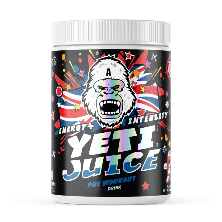 Yeti Juice pre-workout drink container with colorful design and gorilla logo on a white background