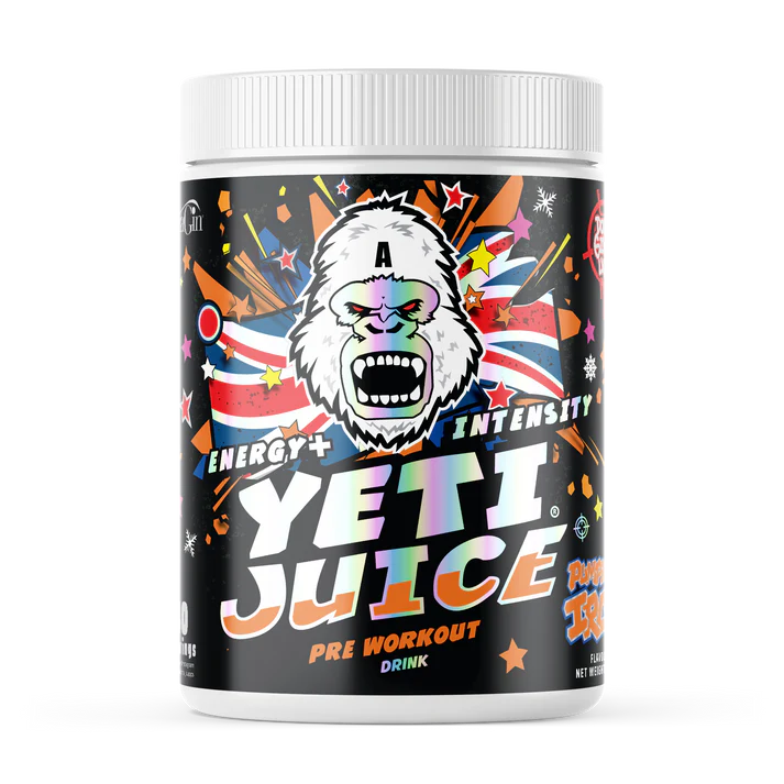 Yeti Juice pre-workout supplement container with colorful design and gorilla logo on a white background