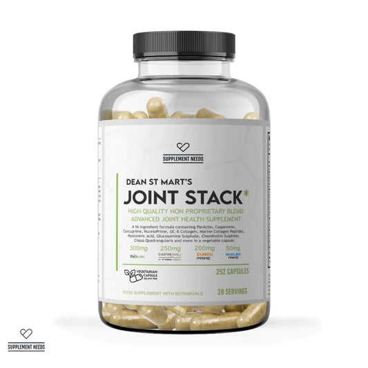 A clear plastic bottle of Dean St. Mart's Joint Stack dietary supplement capsules with a white label and black cap, shown on a white background.