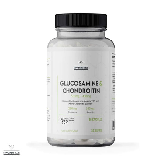 A clear plastic bottle of Glucosamine & Chondroitin dietary supplement capsules with a black cap and a white label, shown on a clean white background.