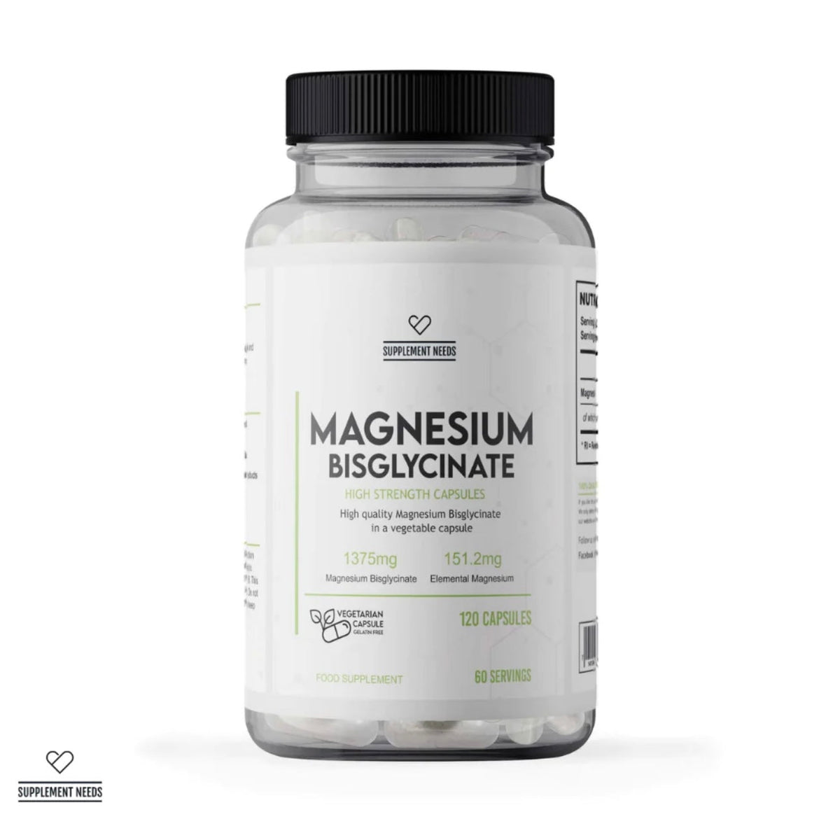 A clear plastic bottle of Dr. Dean St Marts Supplement Needs Magnesium Bisglycinate dietary supplement capsules with a black cap and a white label, shown on a clean white background.