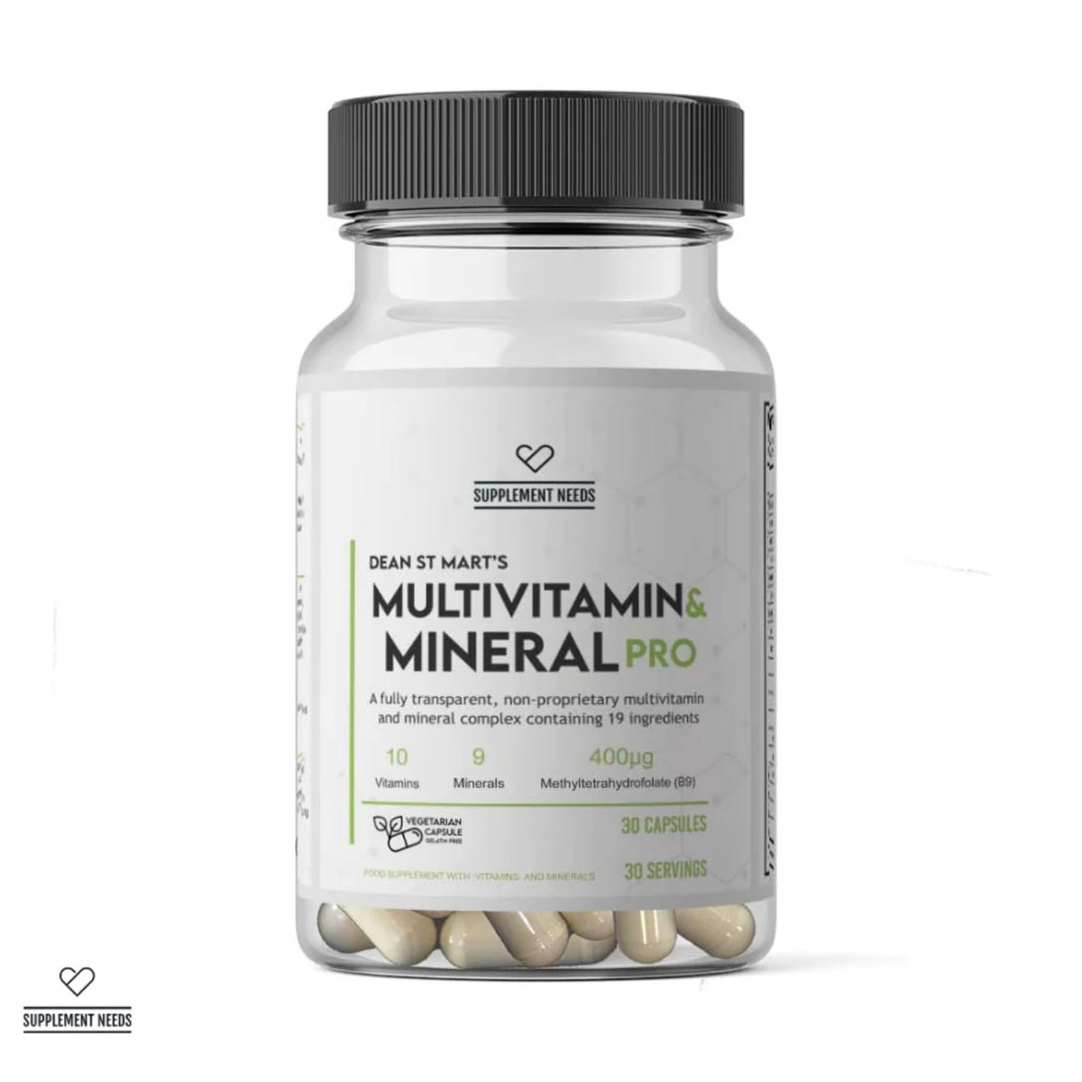 A clear supplement bottle with a black ribbed cap and a white label reading 'DEAN ST MART'S MULTIVITAMIN & MINERAL PRO' by Supplement Needs, containing beige capsules visible through the bottom, on a white background.