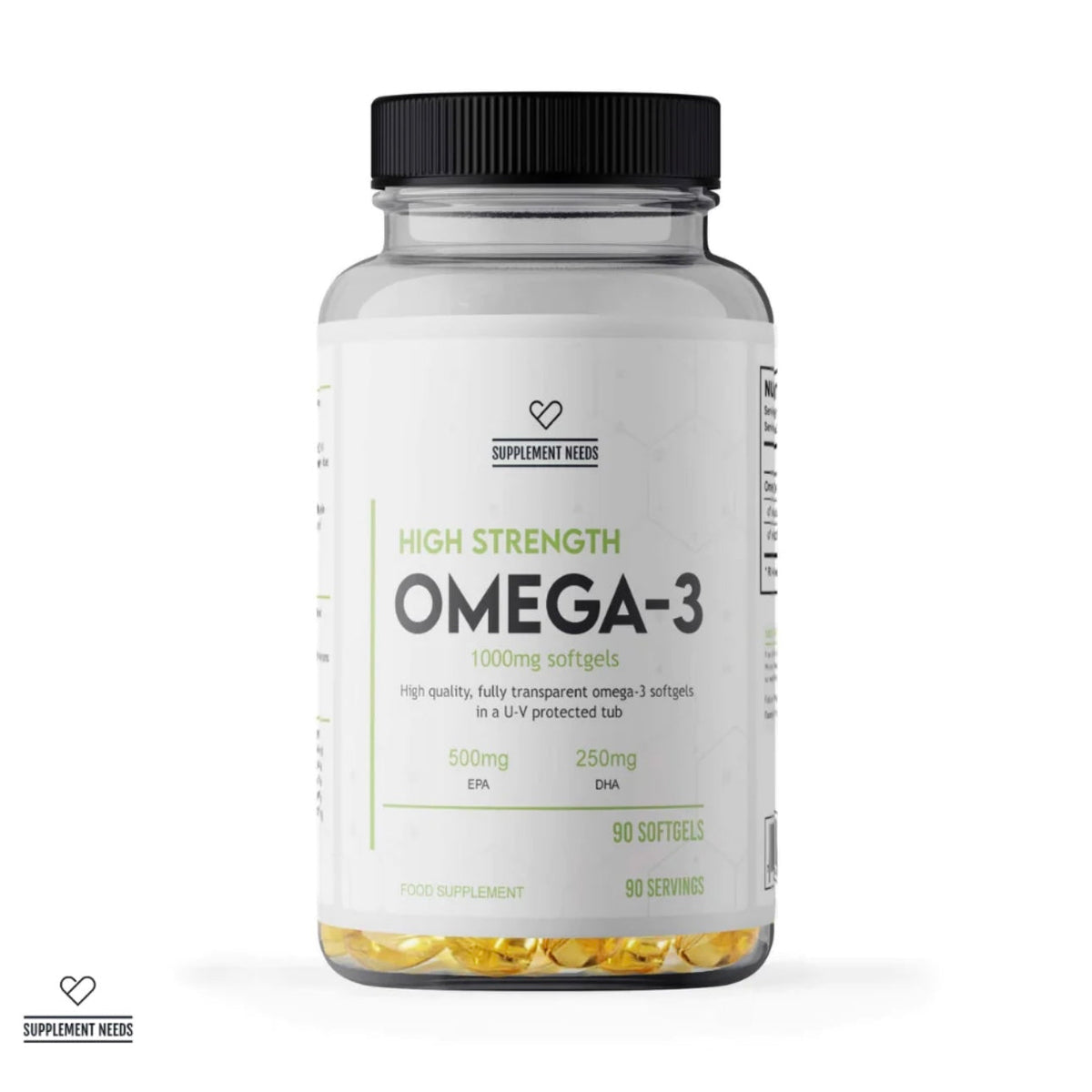A clear supplement bottle with a black cap and a white label reading 'High Strength Omega-3' by Supplement Weird, filled with softgels at the bottom, on a white background.