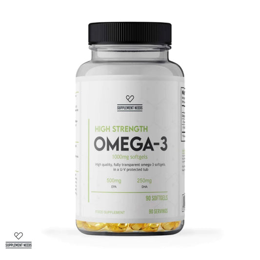 A clear supplement bottle with a black cap and a white label reading 'High Strength Omega-3' by Supplement Weird, filled with softgels at the bottom, on a white background.