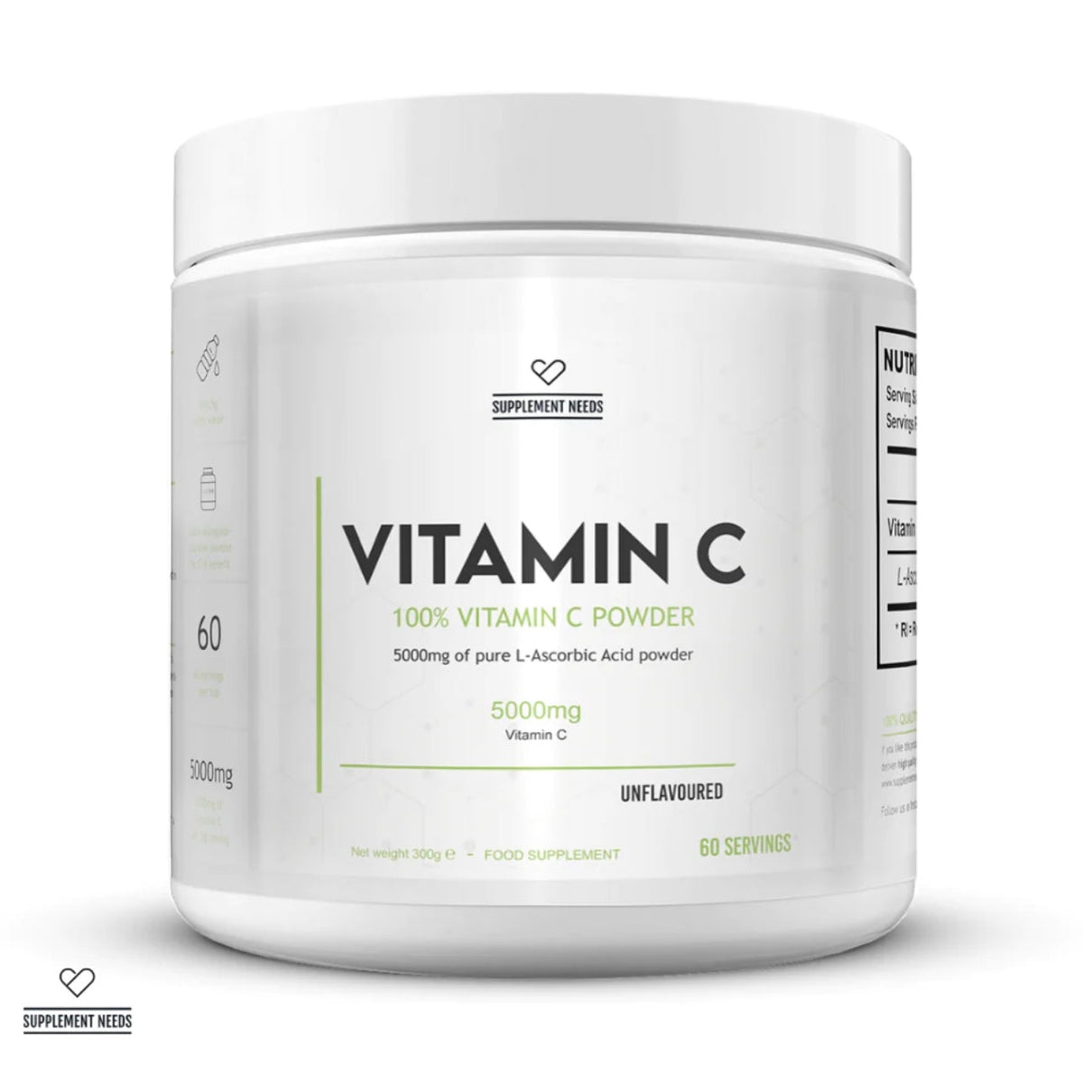 A white plastic tub of Vitamin C powder supplement by Supplement Needs, featuring a clean white label with green and black text on a white background.