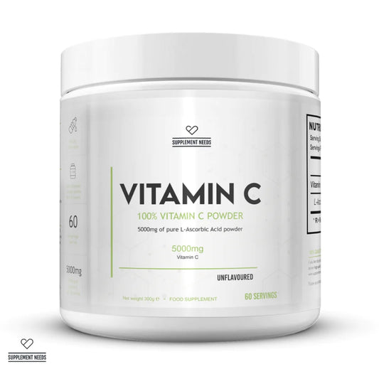 A white plastic tub of Vitamin C powder supplement by Supplement Needs, featuring a clean white label with green and black text on a white background.